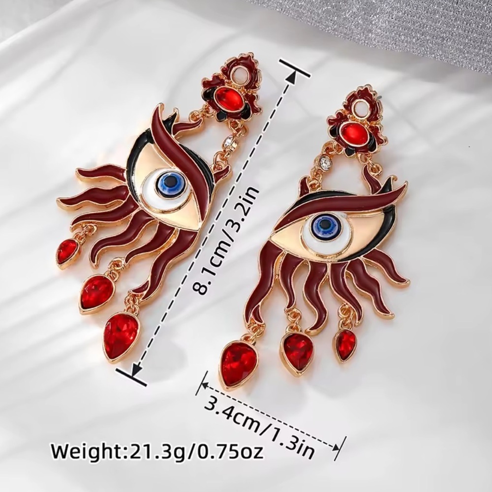 New! Devil,s Eye Motif Red and Gold Dangle Earrings - Picture 2 of 4